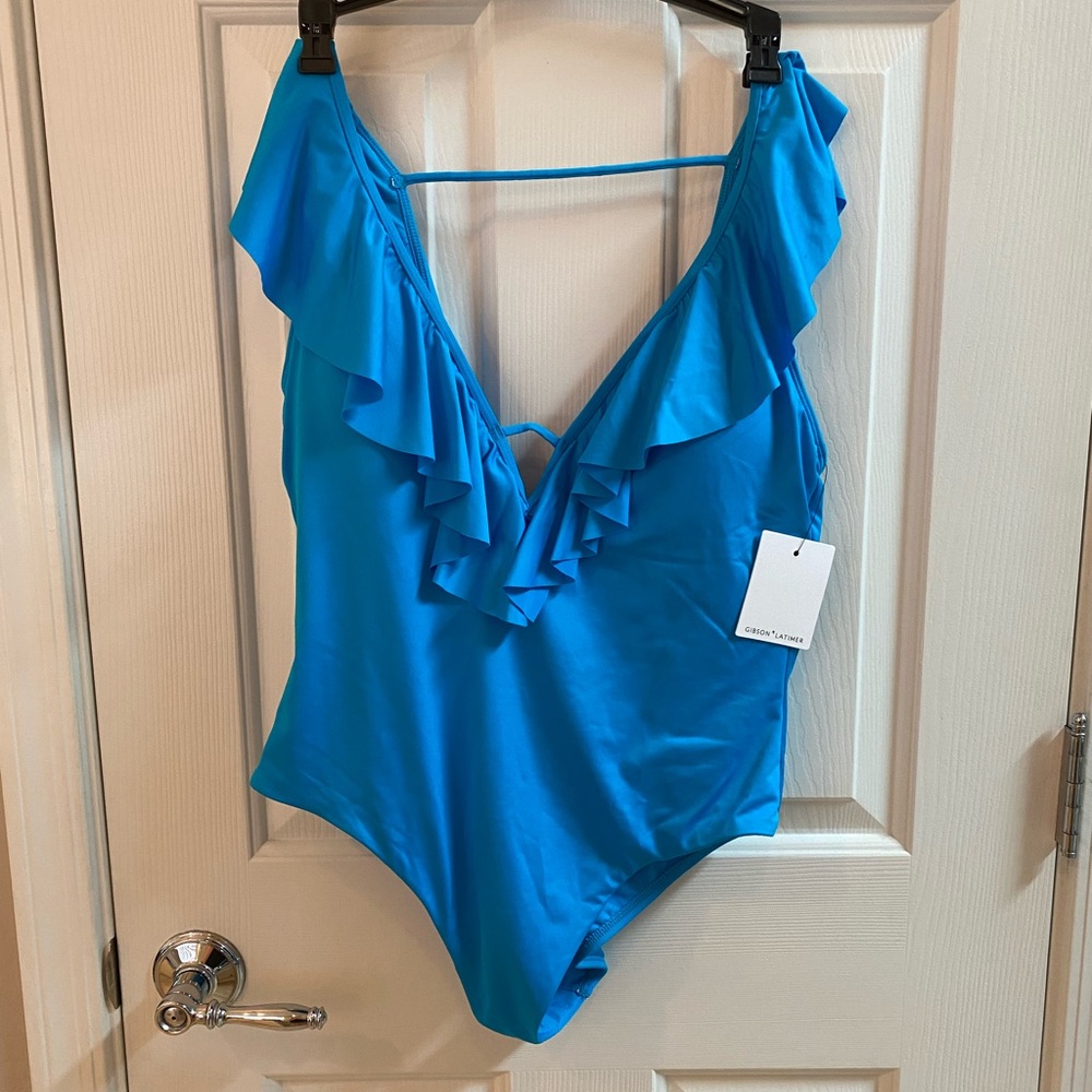 Blue Ruffled One Piece Swimsuit Plunging V-neckline Summer Beach Coastal Bold